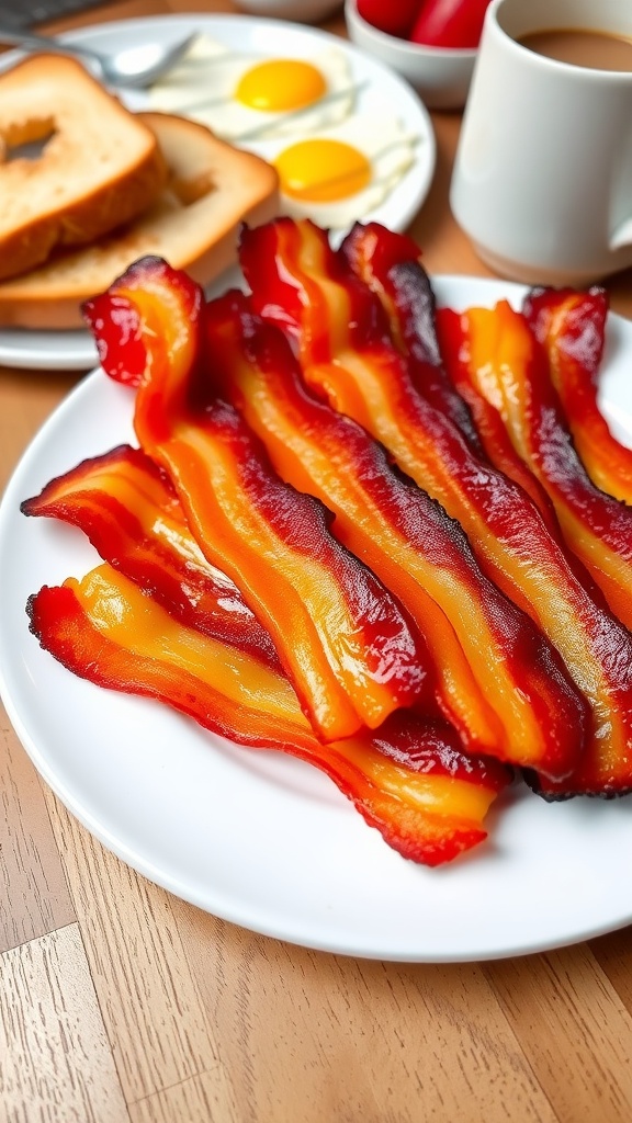 Crispy bacon slices on a plate with eggs and toast.